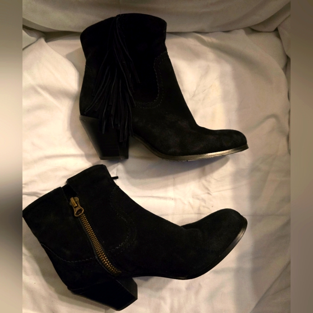 Sam Edelman Louie Black Suede Fringe-Trim Ankle Booties, Block Heel, Size 8.5. - Picture 2 of 10